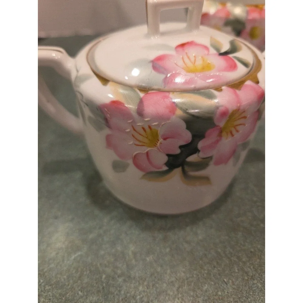Vintage Noritake AZALEA Sugar Bowl w/ Lid & Creamer Hand Painted Pink Flowers